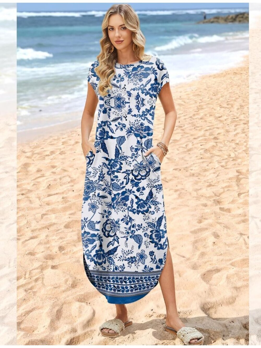 〽️Women Floral Porcelain Blue Cap Sleeve Crewneck Casual Long Summer Maxi Dress
